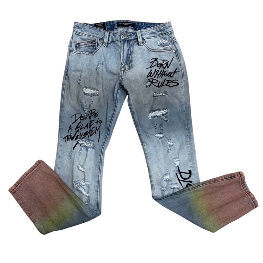 Cult Of Individuality Rocker Slim Distressed
Graffiti Blue Jeans Size 30 x 33